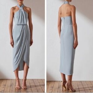 Shona Joy Knot Draped Halter Midi Dress in Color Powder Blue Women’s Size 2